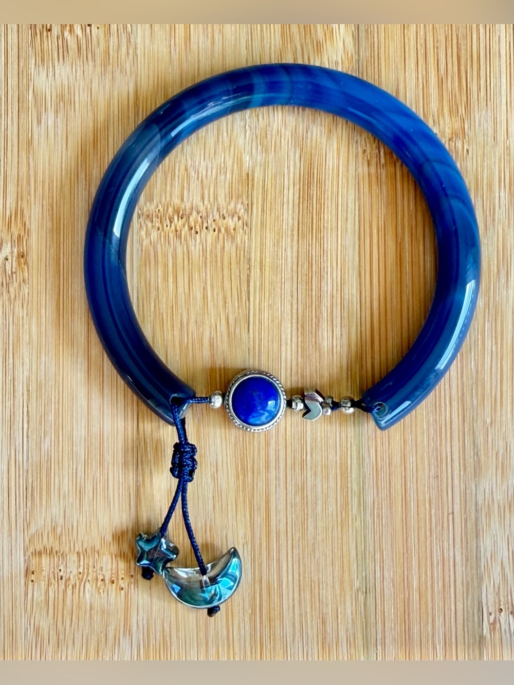 Banded Blue Agate Half-Bangle Bracelet with Crescent Moon & Star Charms